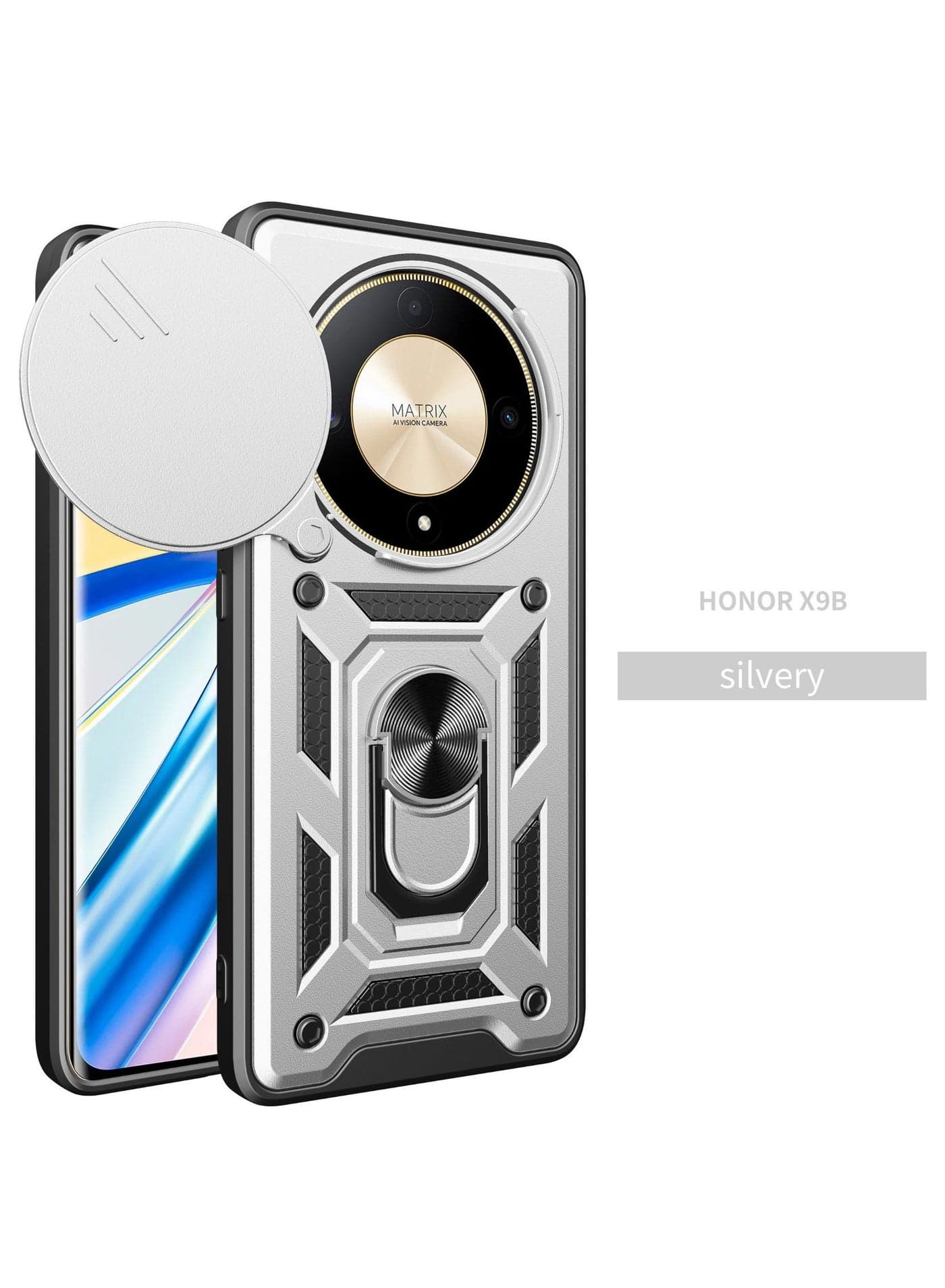 Honor X9B 5G Mobile Phone Case Cover, Slide Camera Lens Cover + 360°Rotating Kickstand Ring + Bumper Shockproof Phone Case