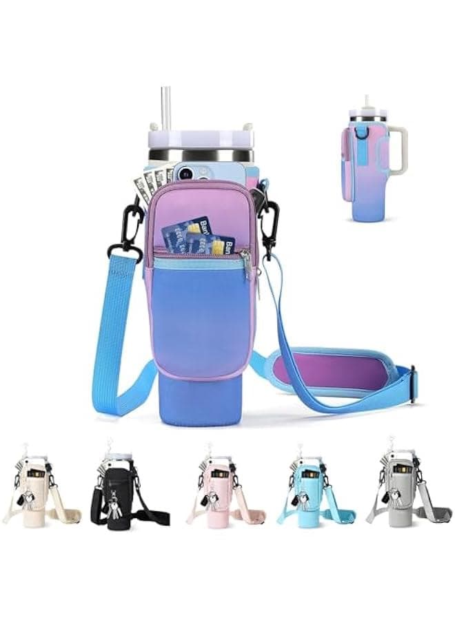 Water Bottle Carrier Bag with Phone Pocket for Stanley 40/30 oz Tumbler Neoprene Water Bottle Holder Pouch with Adjustable Strap Bollus for Stanley Cup Accessories (Purple)