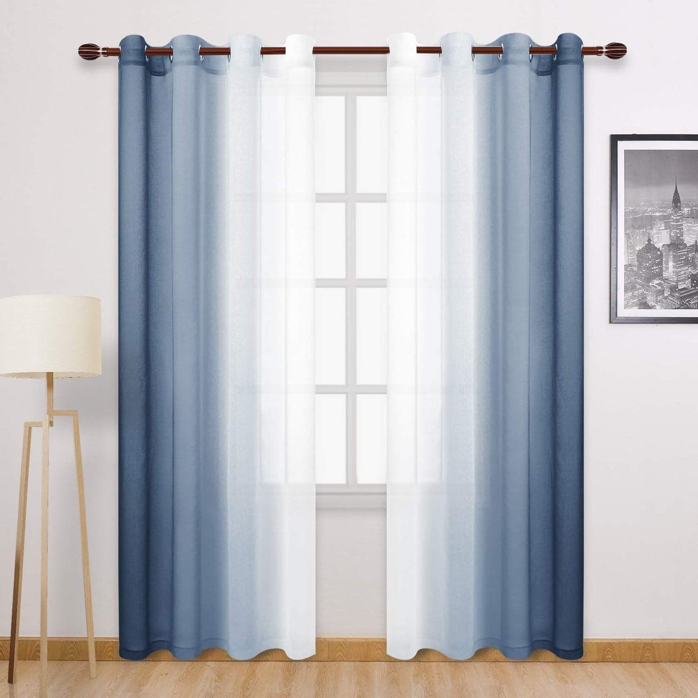 DWCN Blue Linen Ombre Sheer Curtains Semi Voile Gradient Grommet Top Curtains for Bedroom and Living Room Set of 2 Window Curtain Panels 52 x 84 Inches Long Denim Blue