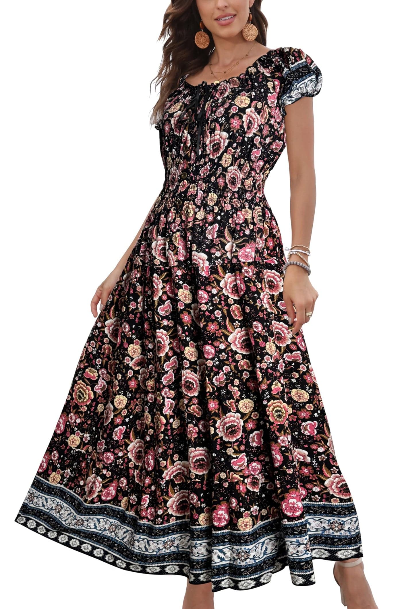OSTOO Womens 2025 Summer Short Sleeves Boho Floral Print Tiered Casual Flowy Long Maxi DressBlackXL