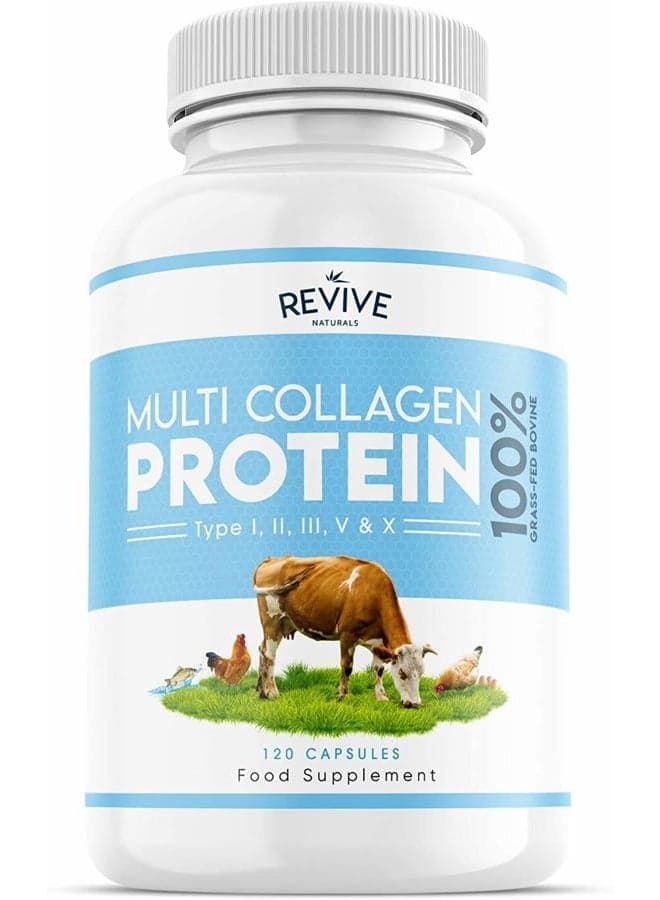 Multi Collagen Protein Capsules - Types I, II, III, V & X - Hydrolysed Grass Fed Bovine, Wild Caught Marine & Free-Range Chicken, with Hyaluronic Acid & Vitamin C, 120 Capsules