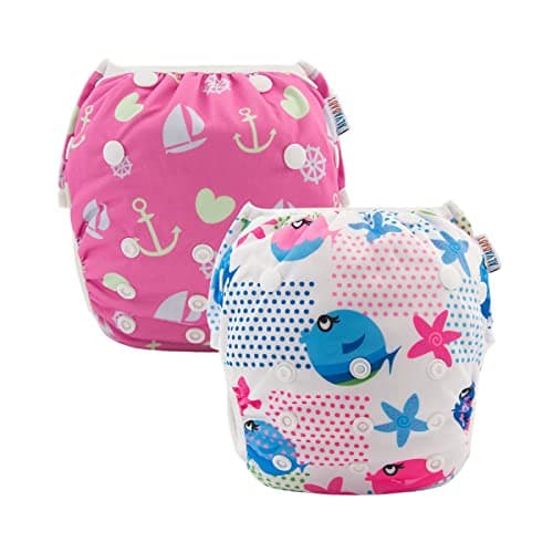 ALVABABY Swim Diapers 2pcs Baby & Toddler Snap One Size Reusable Adjustable Swim Diapers for Swim Classes SW09-10