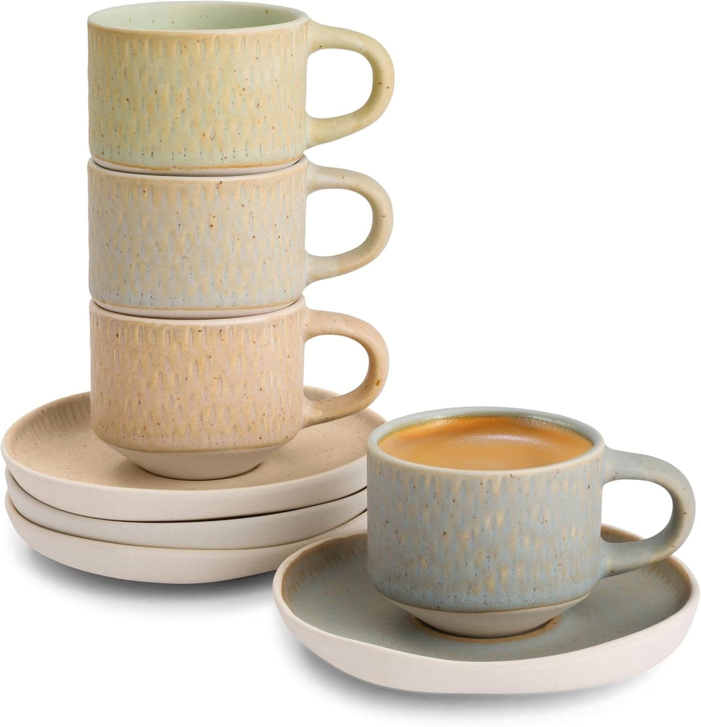 KooK Espresso Mug and Saucer Set Ceramic Cups and Plates with Rustic Organic Shape and Feathered Texture Dishwasher and Microwave Safe 27 oz Set of 4 Neutral Multicolor