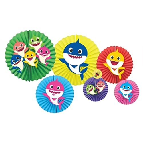 Atpata Funky Baby Shark Paper Fans (6 pcs.) for Kid's Shark Theme Unisex Birthday Party Decorations