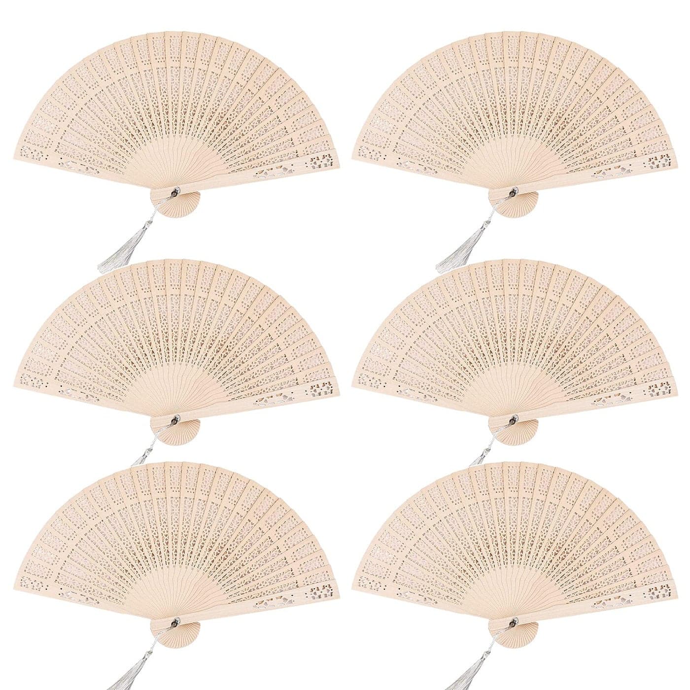 Emsiok 6 PCS Wooden Folding Fans Handheld Vintage Wood Hand Fan Foldable Chinese Sandalwood Fans with Tassels for Women Wedding Favors Baby Shower Party Gift