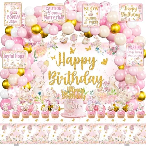 KOTLMIGHT Bunny Birthday Decorations for Girls 143Pcs Pink Bunny Rabbit Party Decor Supplies for Boy Girl Birthday Backdrop Banner Balloons Tablecloth Centerpieces Hanging Swirls Wall Signs