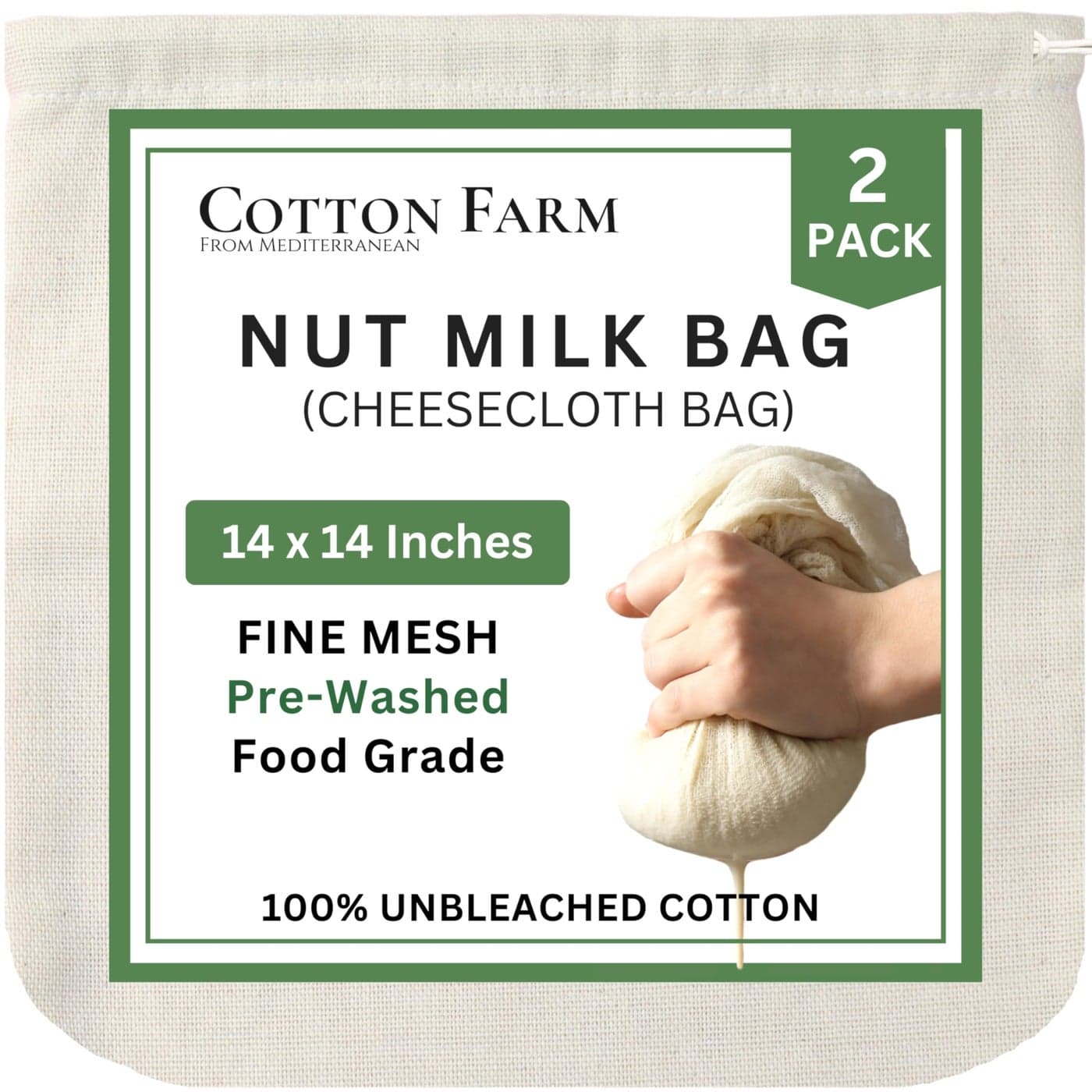 Cotton Farm Ultra Dense Cheesecloth Bag Nut Milk Bag XL 14x14 Inch All Purpose Cheese Making Straining Storage Sprouting 100 Unbleached Cotton Washable Reusable