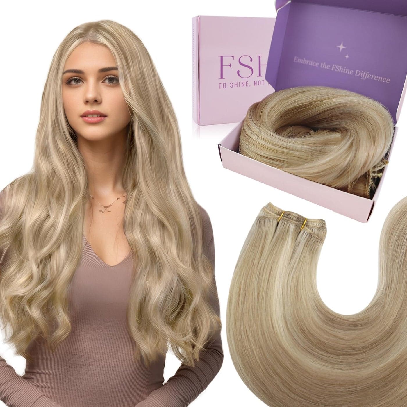 Fshine Blonde Weft Hair Extensions Human Dark Ash Blonde Highlight with Golden Hand Tied Weft Hair Extensions Remy Sew in 18 Inch 100g