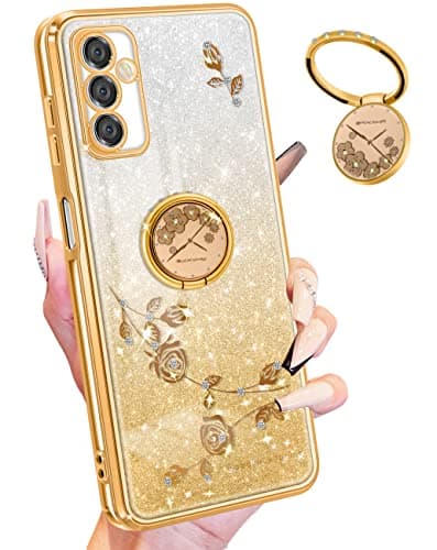 Coralogo 3in1 for Samsung Galaxy A14 5G Phone Case Glitter Sparkly for Women Girls Sparkle Girly Bling Shiny Cover Cute Flowers Floral Design with Ring Pretty Gold Cases for Samsung A14 5G 66