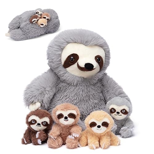 IKASA Mommy Sloth Stuffed Animal Mom and Baby Plush Toy Cute 20 Soft Mama Family Set Cuddly Toys with Little Mini Small BabiesGifts for Kids