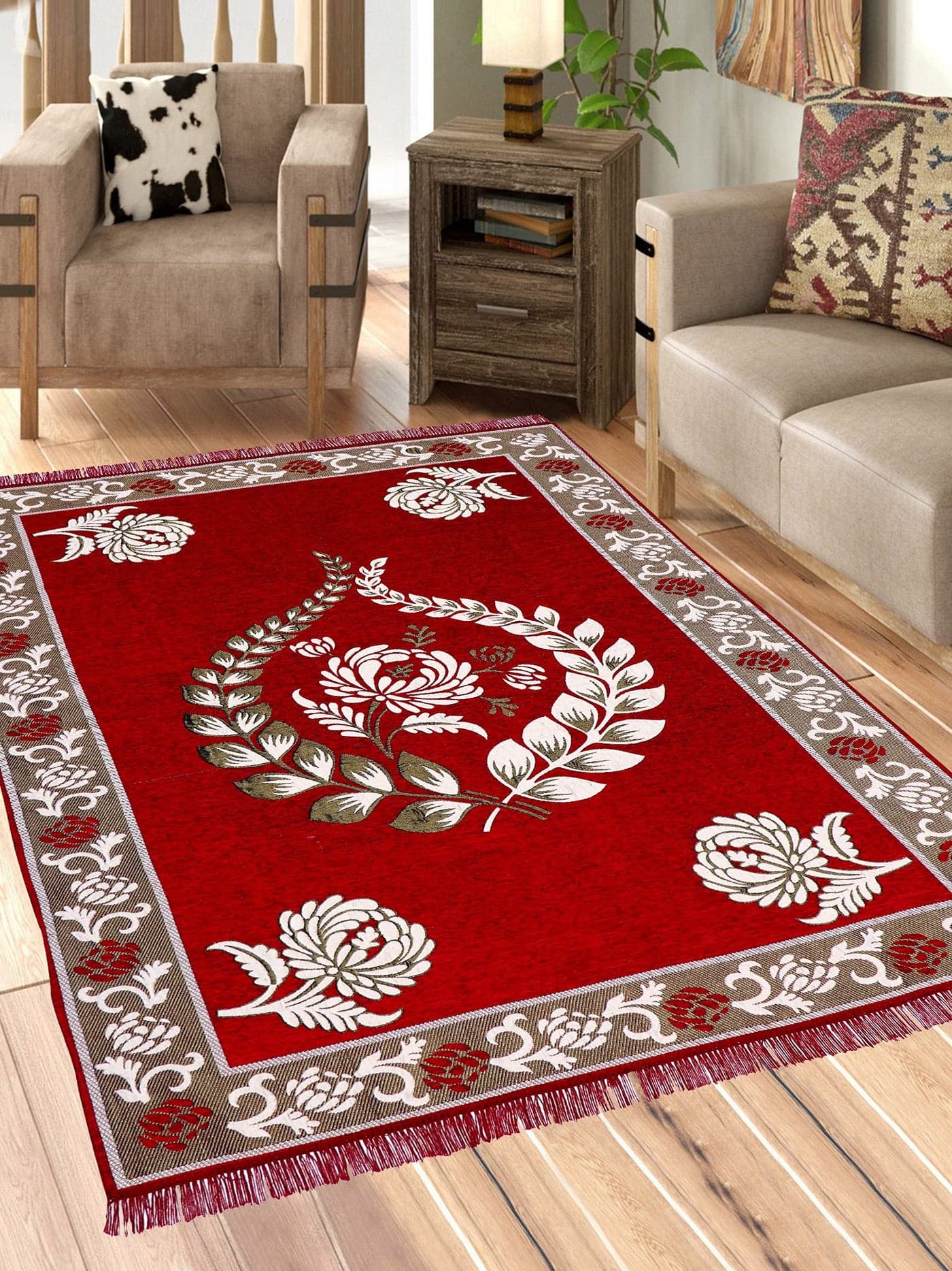 Sparrow World™ 5D Designer Superfine Exclusive Velvet Carpet | Rug | Living Room | Bedroom | Hall | School | Temple | Bedside Runner | 5 Feet x 7 Feet | (Kris-Red)