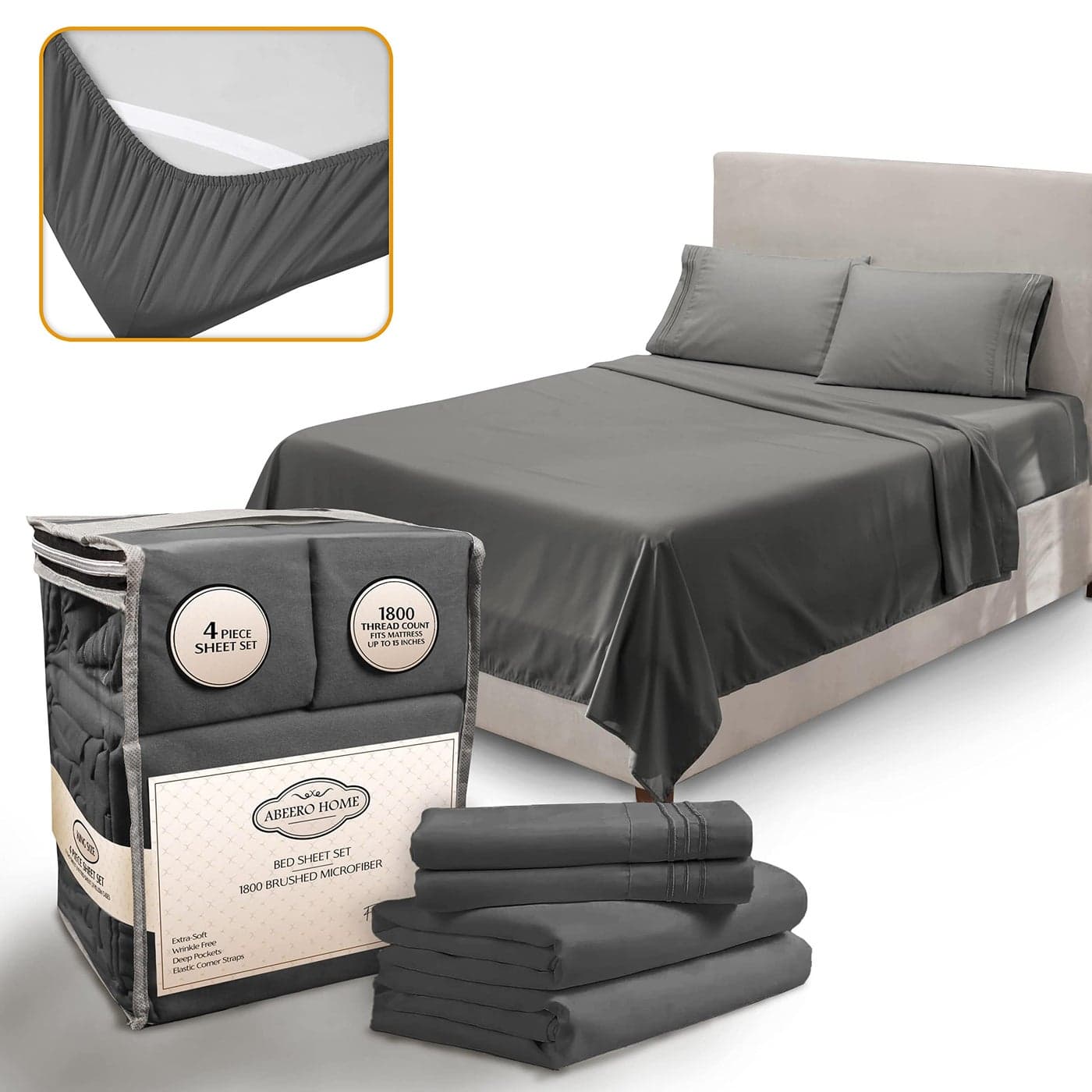 Abeero Home Queen Sheet Set Luxury Hotel Bed Sheets Soft Cooling Sheets with Elastic Corner Straps Deep Pockets Microfiber Bedsheet Bedding Sheets Pillowcases 4 Piece Queen Size Gray