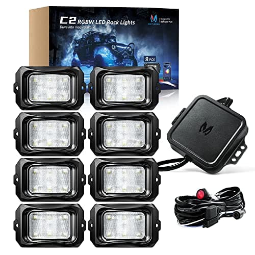 MICTUNING C2 Curved RGBW LED Rock Lights - 8 Pods Underglow Multicolor Neon Light with Wiring Switch Kit, Bluetooth Controller with APP Control