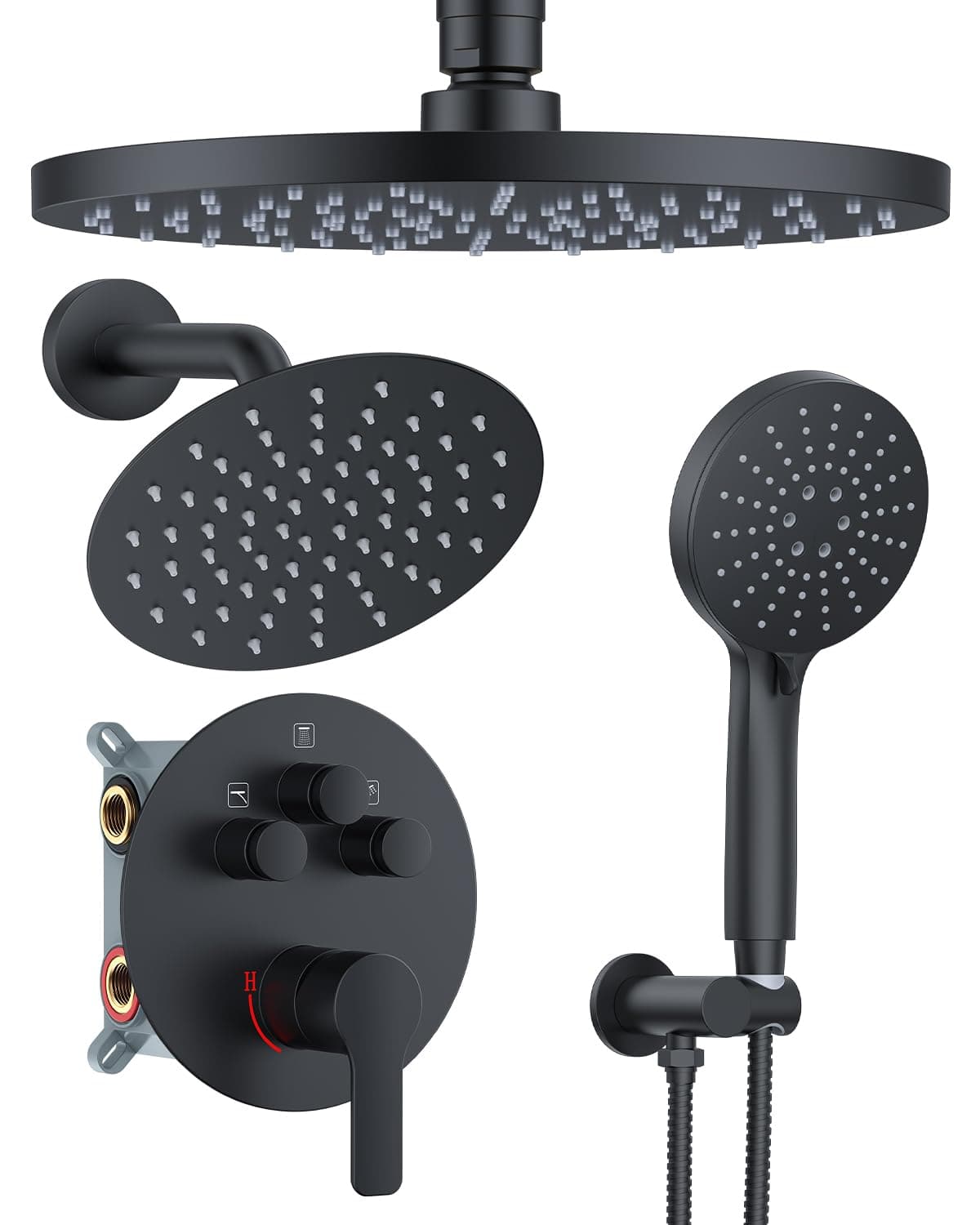 Shower System with Pressure Balance Valve, 10" Ceiling Mount Shower Faucet Set with 2 Rain Shower Head And Multi-function Handheld Head Push Button Diverter Pressure Balancing Valve Kit, Matte Black