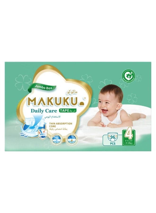 Daily Care Tape Baby Diapers, Size 4, Large For 9 To 14Kg, JUMBO PACK of 96's