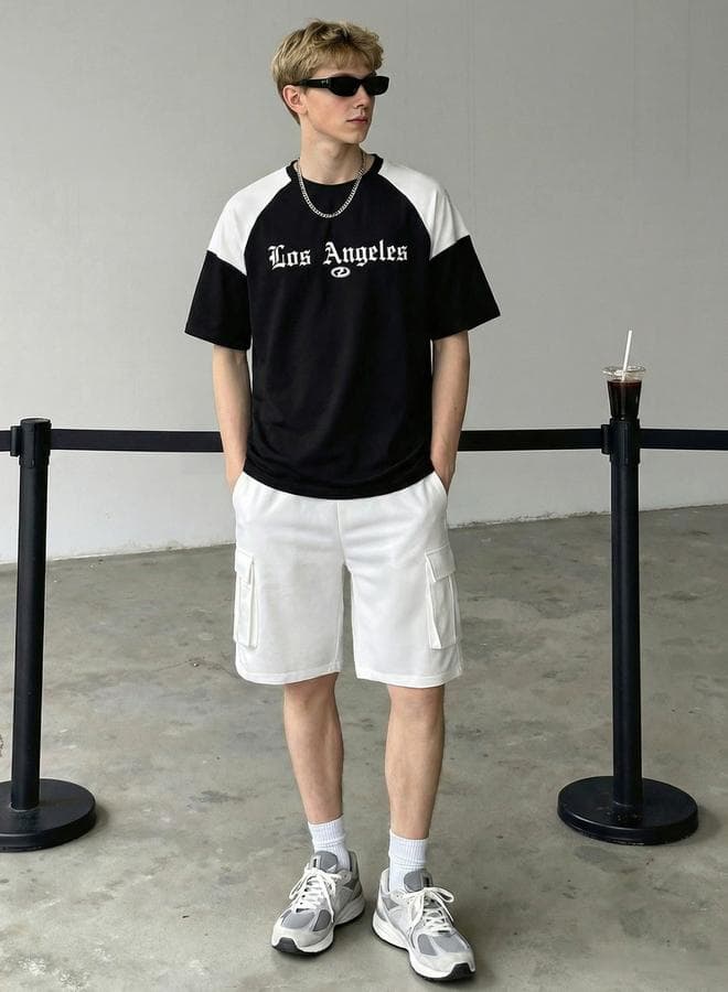 Men Color Block Raglan Sleeve T-Shirt and Shorts Set