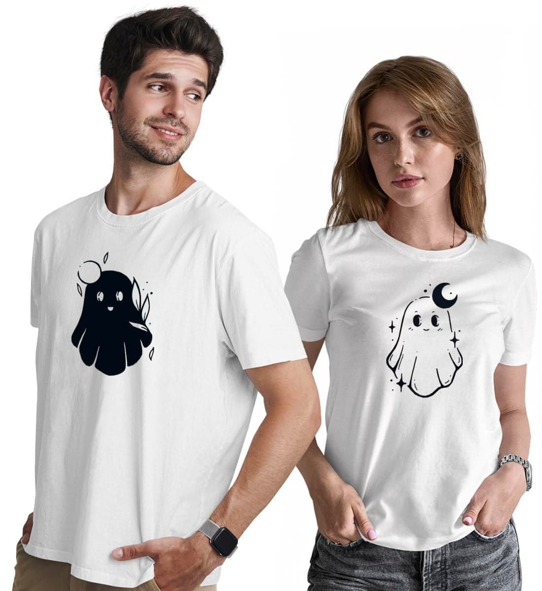 INDISSH Couple Matching T-Shirt Combo | Round Neck 100% Cotton Tshirt for Men and Women - CPL_RNM-SUNSOULS-WHT-2XL_WRN-MOONSOULS-WHT-M
