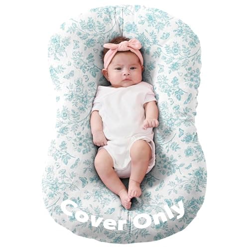 FUNUPUP Muslin Baby Lounger Cover Only Compatible with Snuggle Me Lounger, Infant Lounger Pillow Cover for Newborn, Removable Newborn Lounger Cover for Boys and Girls, Only Cover, Blue Flower