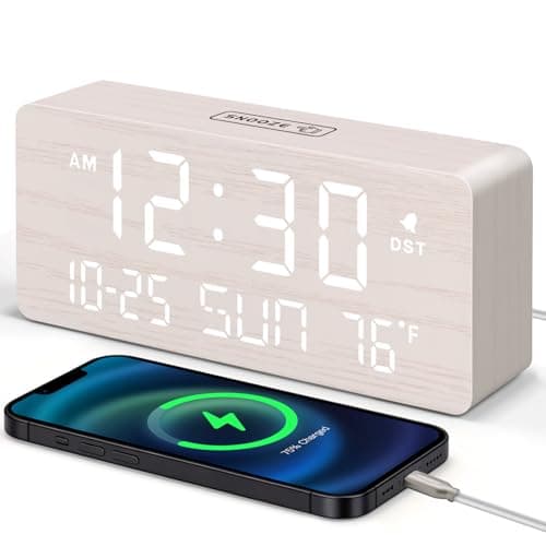 DreamSky Wooden Digital Alarm Clocks for Bedrooms - Living Room Desk Clock with Date and Day of Week, Temperature, USB Port, Dimmer Wheel, Adjustable Volume, Auto DST, Wood Decor for Office Table
