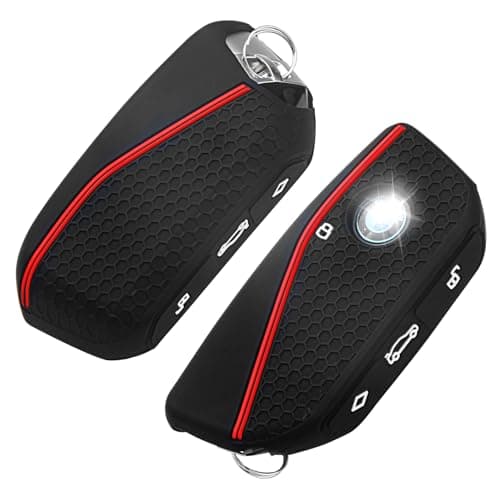 QBUC 2PCS for BMW Key Fob Cover, Soft Silicone Key Case for BMW 2024 2023 2025 7 Series IX I5 M60 X5 X7 X6 IX I7 Car Key Protector with Rings (3 Button,Red)