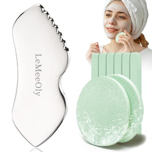 LeMeeOly Gua Sha Facial Tools Stainless Steel Compressed Facial Sponges Detail Metal GuaSha and Natural Spa Sponges for Facial Cleansing Skin CareGuasha Stone Face Sculpting Tool