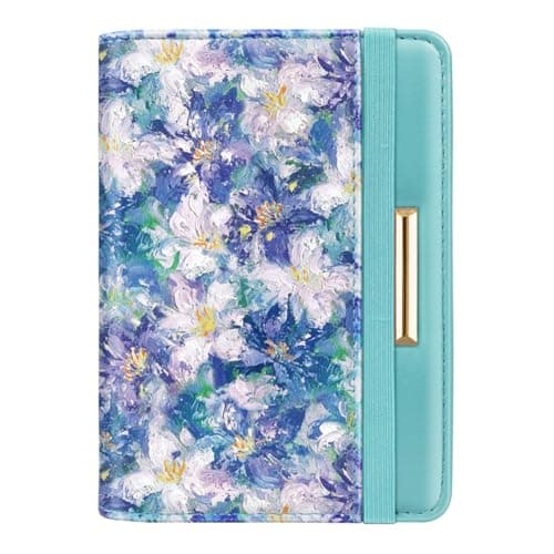 Passport Holder Cover, RFID Travel Wallet Credit Card Holder Blue Green Cute Floral Passport Book Holders for Women with Elastic Band and Golden Metal Decoration, Blue Flowers