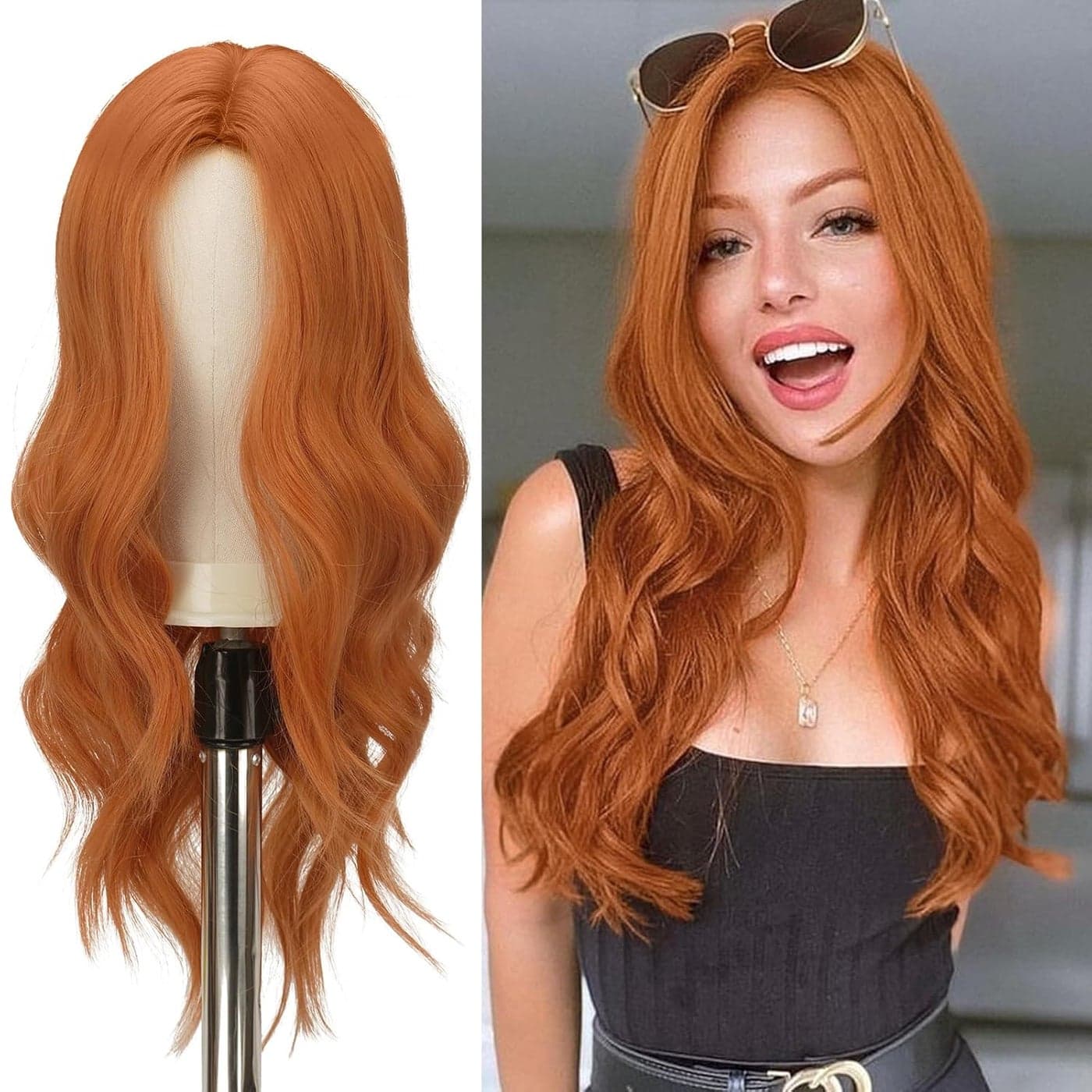 FESHFEN Long Orange Wigs for Women 22 inch Middle Parting Synthetic Wavy Wig for Daily Party Orange
