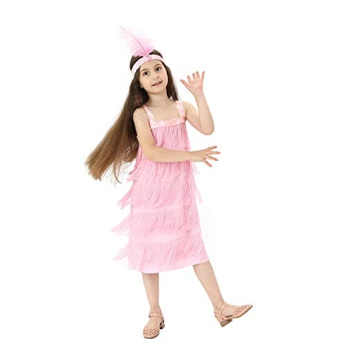 Leadtex Girls 20s Flapper Dresses Costume Dress Childrens Party Fringed Dresses with Feather HeadbandSize L1012Pink
