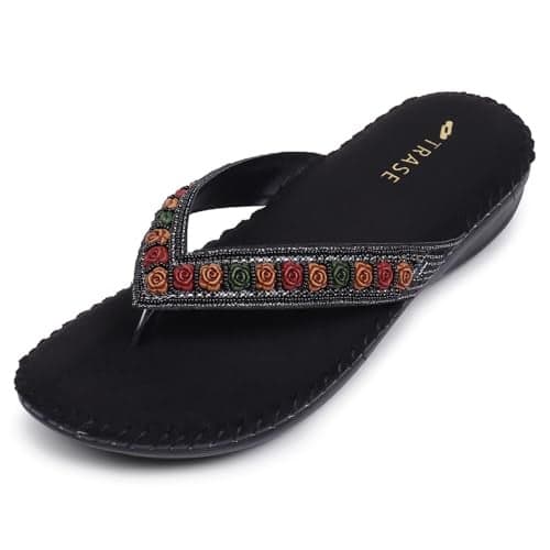TRASE Orthopedic Comfortable Footwear for Women | Stylish V Strap Chappal with Soft Cushioned Footbed | Perfect Slippers for Woman Daily Use (Black, 42 EURO)
