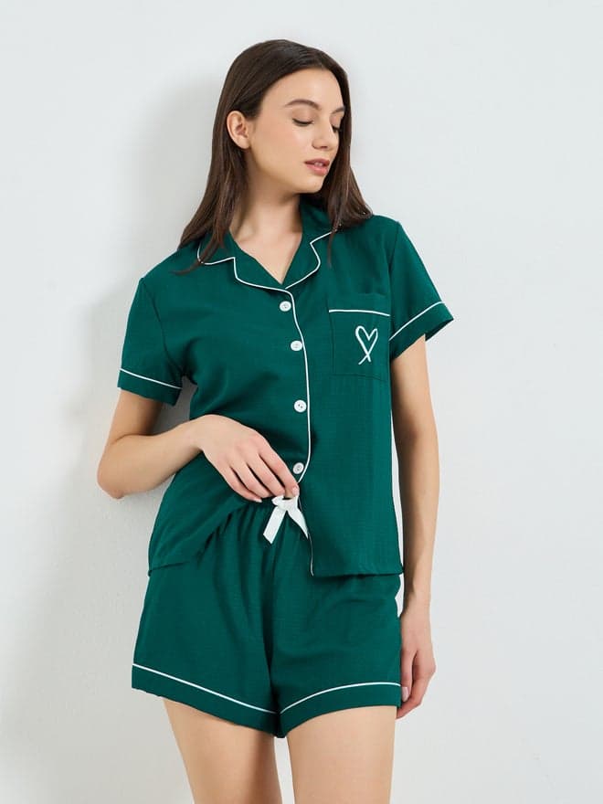 Styli Dark Green Contrast Piping Shirt and Shorts Set