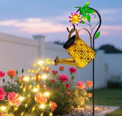 Solar Metal Watering Can with Hummingbird Shepherd Hook and Cascading Lights Outdoor Solar Lantern for Garden Yard Patio Decor and Gardening Gifts for Women Mothers Day
