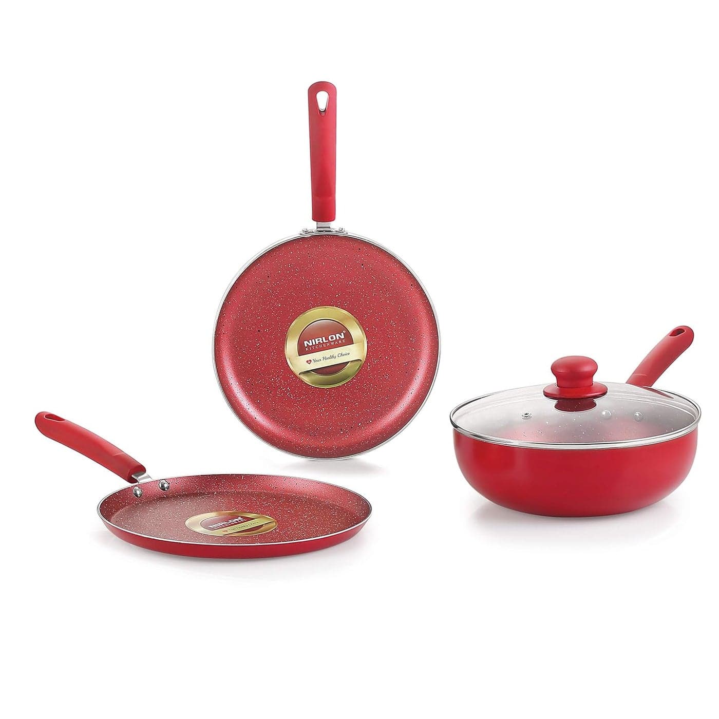 Nirlon Red Velvet 4-Piece Non Stick Induction Cookware, Aluminium Pots and Pans Set with Glass Lid, Red