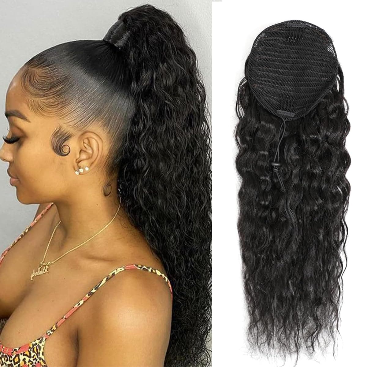 Feelgrace Water Wave Ponytail Extension for Black Women 3C Corn Wave Brazilian Hair Ponytail Hairpiece with Wrap Drawstring Natural Color 10A Human Hair Corn Wave Ponytails 12 Inch