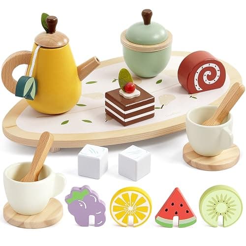 PairPear Wooden Tea Party Set for Little Girls 20pcs Pretend Play Fruit Tea Set with Pear Teapot, Dessert & Citrus Slices, Kids Kitchen Accessories Wooden Toys Food for Toddlers & Kids 3+