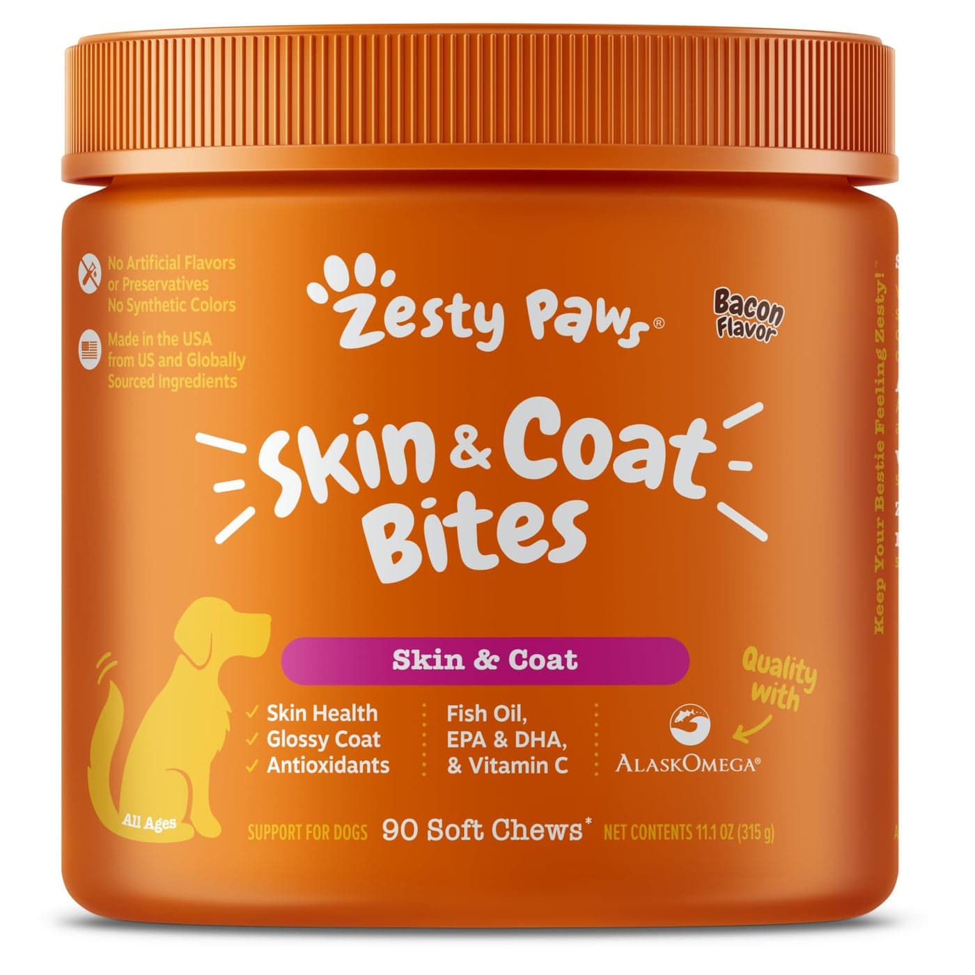 Zesty Paws Omega 3 Fish Oil for Dogs Soft Chews - with EPA & DHA Fatty Acids - Dog Itching Skin Relief Chews - Skin and Coat Supplement - Bacon - 90ct