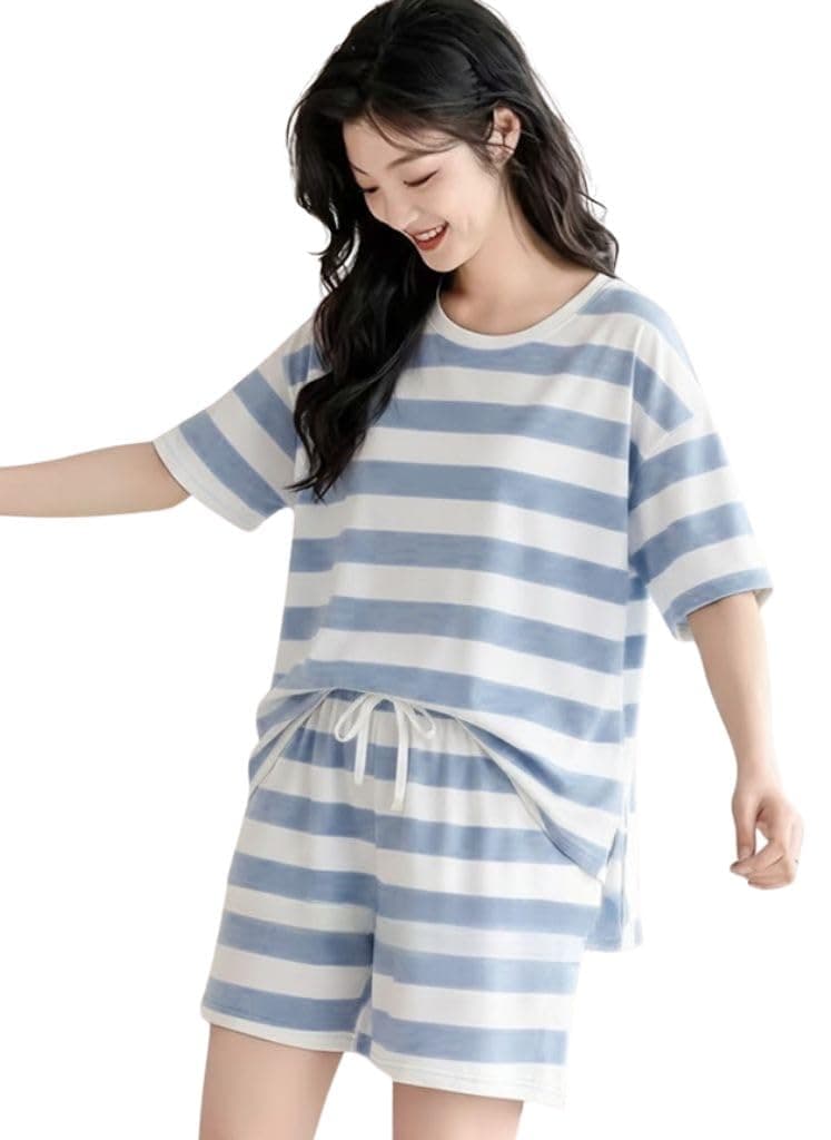 SMOWKLY Women Korean Shorts Pajama Set Cotton Blend Nightwear Set Top & Shorts Sleepwear Lounge Wear Soft Comfortable Night Suit Ladies Summer Night Dress Co-Ord Home Wear Set(1502_BL_XXL) Blue