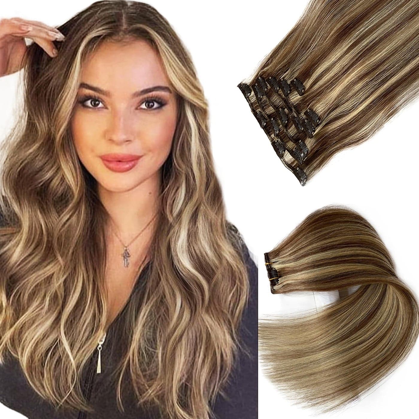 Clip in Hair Extensions Real Human Hair Clip in Extensions18 Inch Chestnut Brown Balayage Blonde Highlights Real Hair Extensions Clip in Human Hair 7 Pieces 70G Double Weft Remy Human Hair Extensions