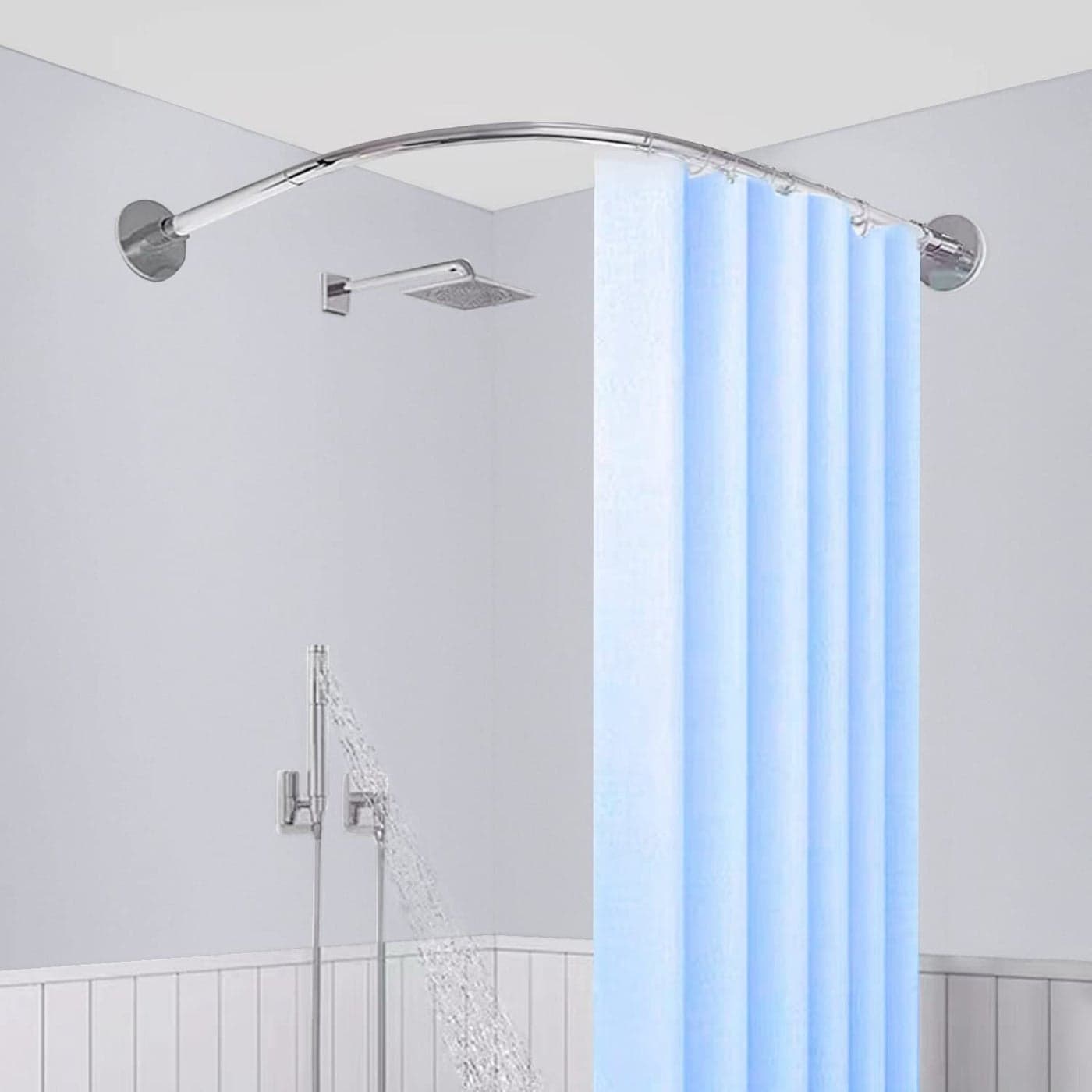 Silver L Shaped Shower Curtain Rod 50x50 Stainless Steel 304 No Drill Adhesive for Bathtub
