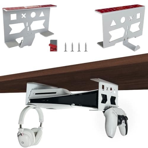 Chanvoo Aluminum Under Desk Mount for PS5PS5 Slim PS5 Pro Digital Disc Securing Under Desk Bracket with Detachable Controller Headphone Holder Kit No Drill White