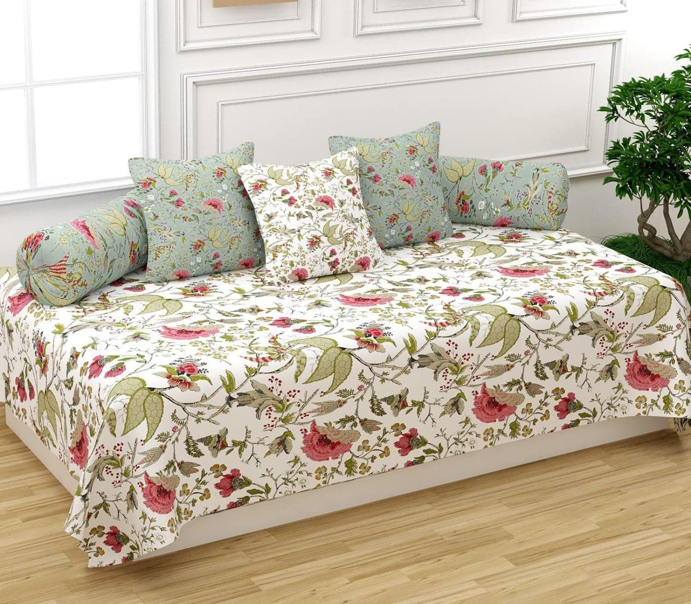 Trance Home Linen 200TC Diwan Set 100% Cotton 6 Pc | Deewan Printed Bedsheet Sets (Set of 6 Pc, 1-Bed Sheet 54x88 Inch | 2-Bolster Cover 16x32 Inch | 3-Cushion Cover 16x16 Inch) - Calicut White Green