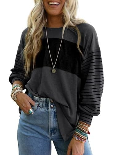 Dokotoo Womens Tops Blouses Fashion Clothing Clothes Fall Outfits Teacher Tops for Women 2025 Trendy Long Sleeve Shirts Flowy Trendy Color Block Oversized Tshirts Plus Size Spring Dirty Blue