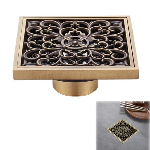 HASTHIP® Bathroom Floor Drain Antique Brass Square, Floral Cut-Out Cover, Anti-Odor Self-Opening & Closing Floor Drain, Anti-Clog Shower Drain for Bathroom Floor, 3.93 inch