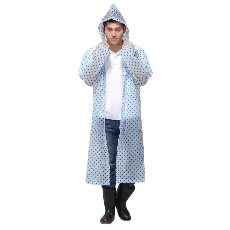 AUGEN By Visions India Women EVA Waterproof Rain Coat Hooded Outdoor Water Resistant Portable Raincoat Suit for Unisex EVA Rain Coat (Free Size) (IN, Alpha, Free Size, Regular, Polka Blue)