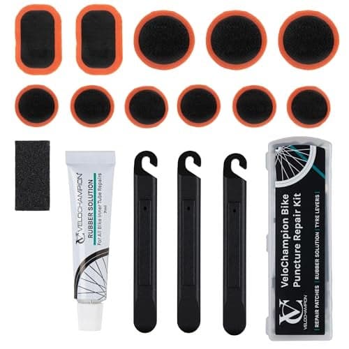 VeloChampion Puncture Repair Kit | Self-Adhesive Bike Tyre Patches for Road, MTB, BMX, Ebike| Travel Size Bicycle Puncture Repair Kit | 6, 10 or 40 Pack + Optional Tyre Levers (Glue Repair Kit)