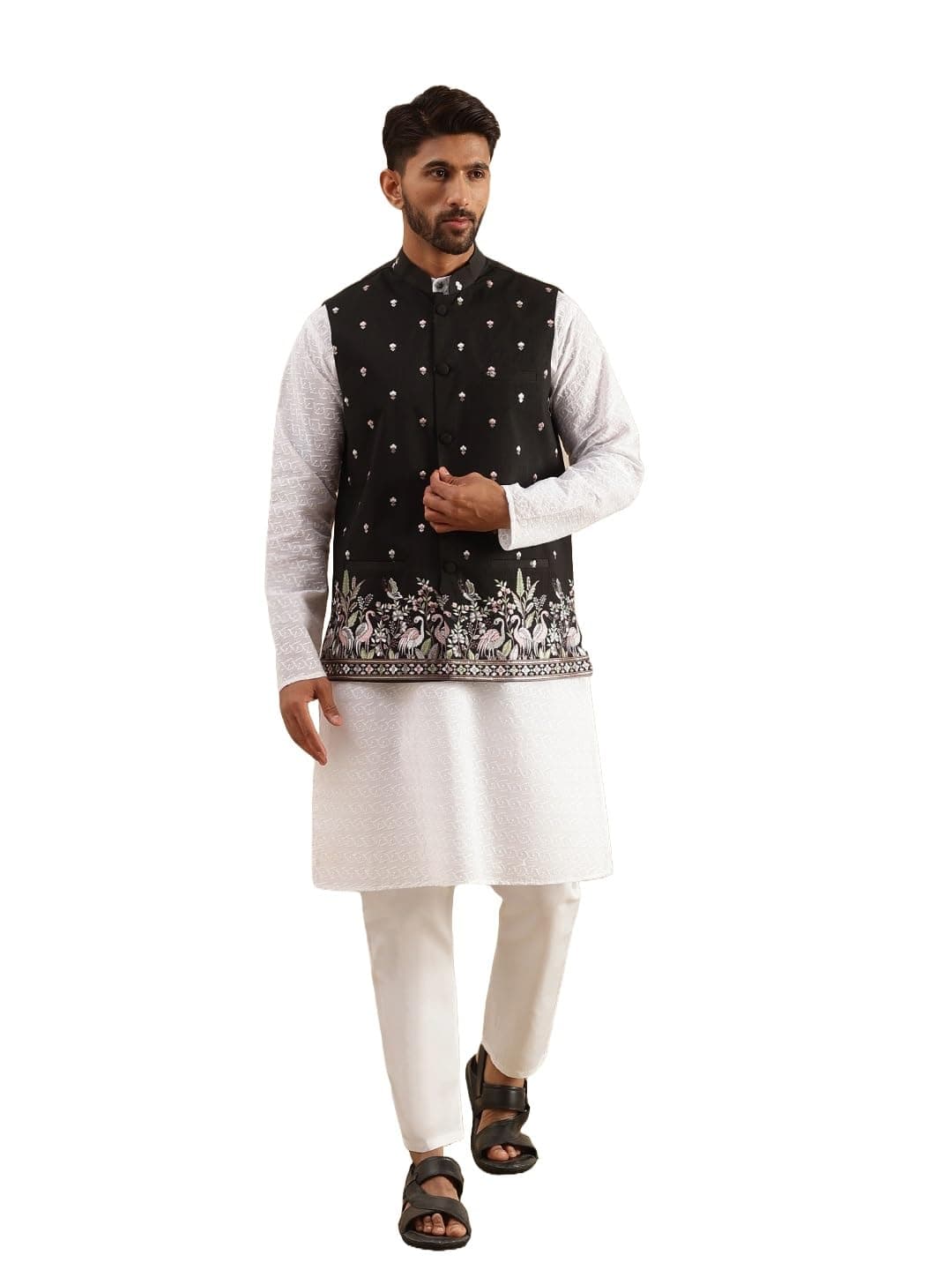 SOJANYA Men's Cotton Chikankari White Kurta and Pyjama With Daman Embroidered Black Nehru Jacket