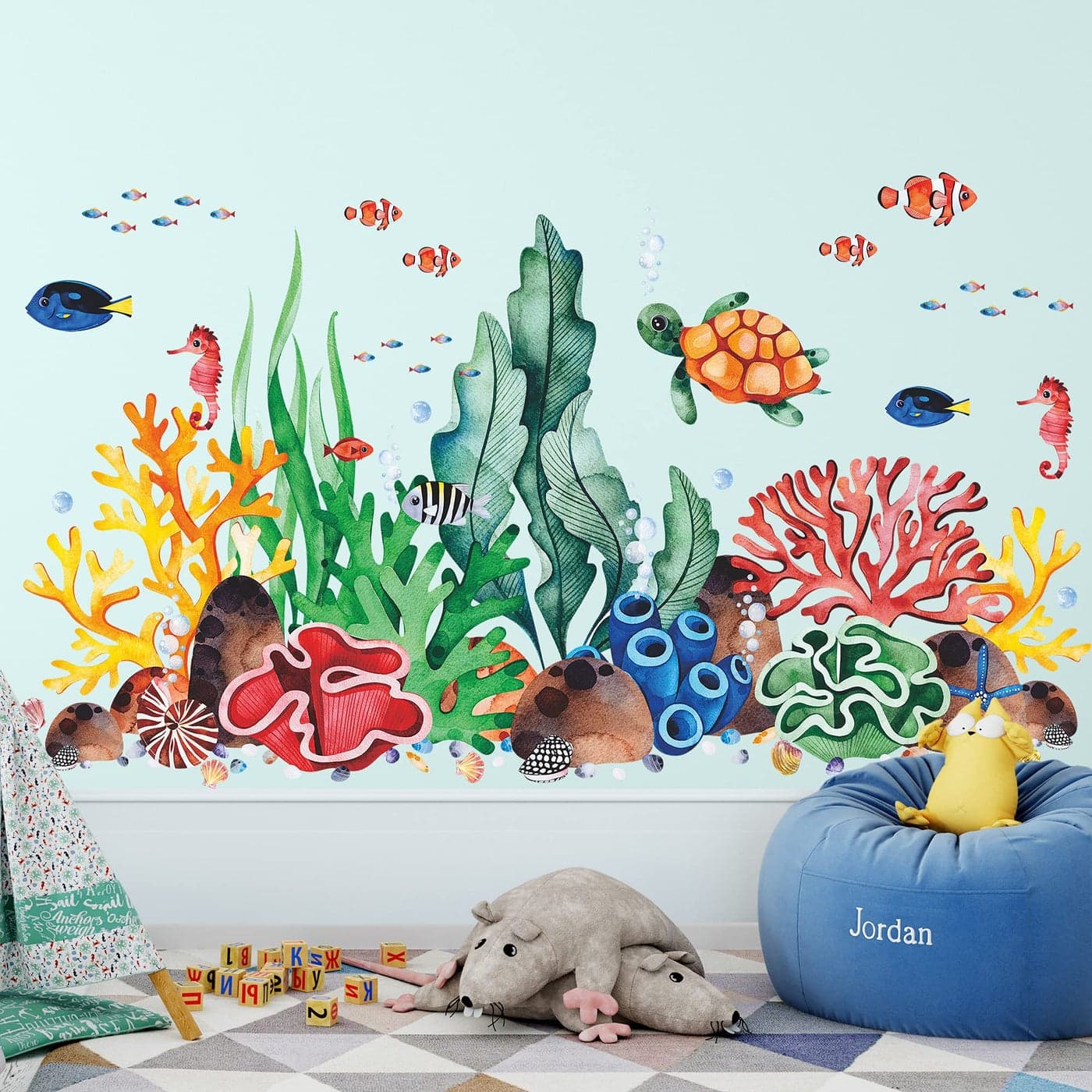 Creative Removable 3D Under The Sea Wall Sticker Ocean Life Coral Grass Wall Decal Peel and Stick Fish Sea Turtle Whale Wall Decor for Kids Bedroom Bathroom Nursery Living Room Wall Corner Decoration C
