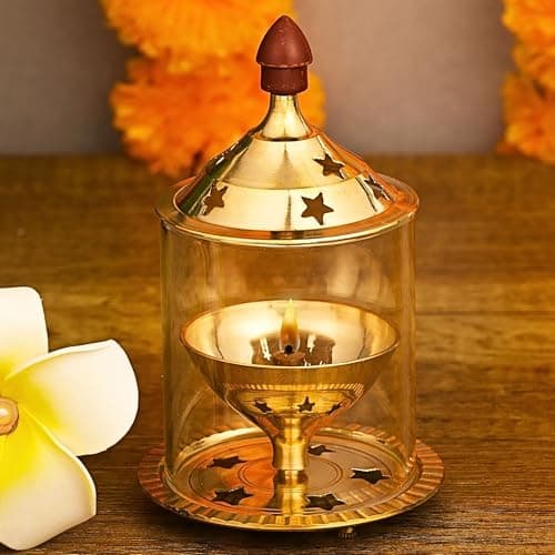 EIN SOF 5 inches Medium Gold Brass Akhand Diya with Borosilicate Glass Cover for Puja Aarti & Home Decoration - Oil & Camphor Lamp, Glass Tealight Candle Holder - Gold & White