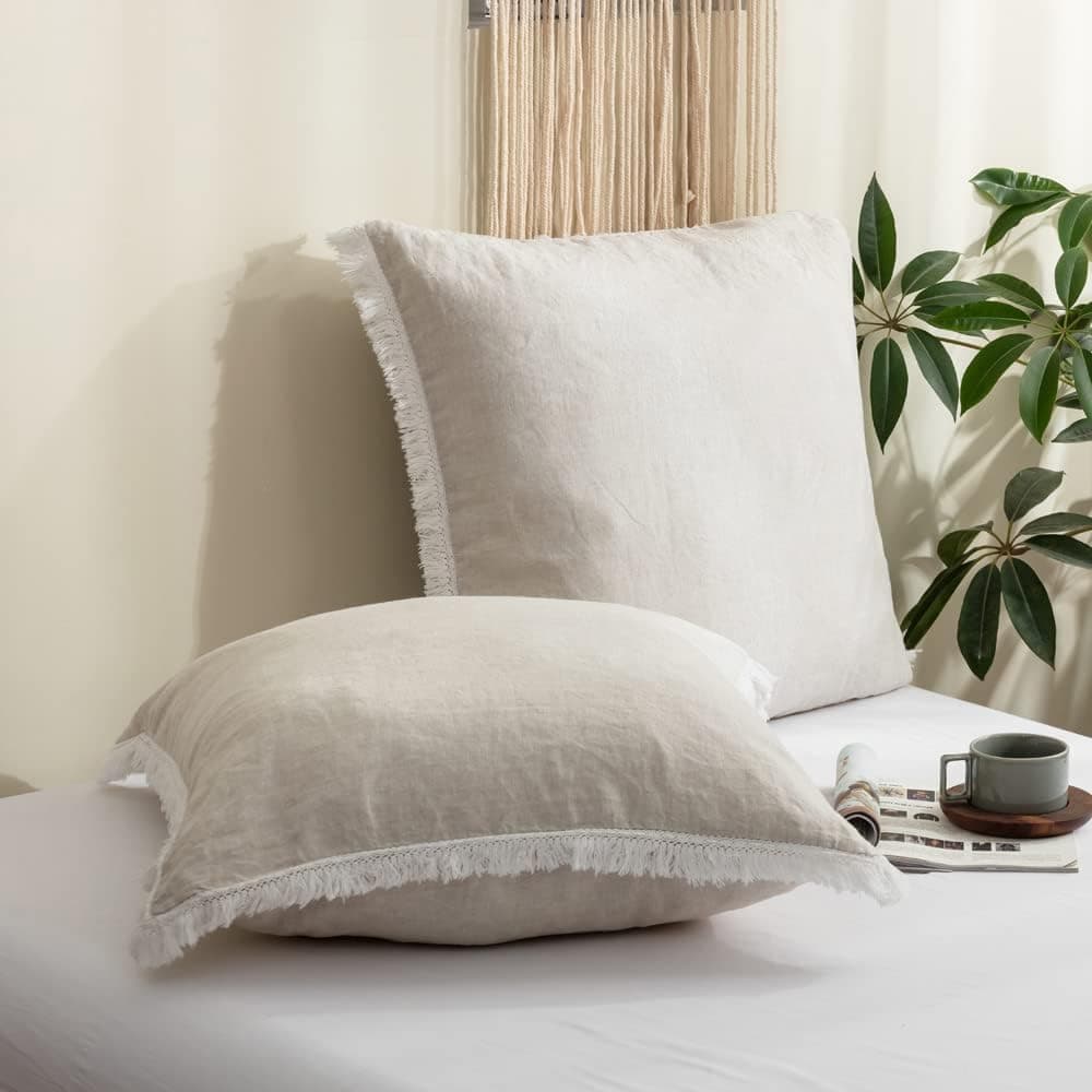 SimpleOpulence 100 Linen Euro Sham Pillow Covers Belgian FlaxSet of 2 Decorative Pillow Cover with Tassels Boho Shabby Chic Style for CouchBed Natural Linen 26 x 26