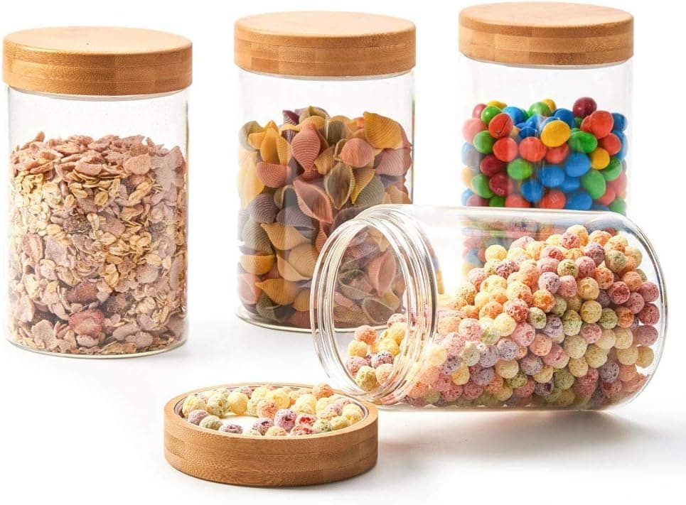 Femora Glass Jars For Kitchen| Borosilicate Glass Jar With Wooden Lid| Glass Storage Jar For Kitchen|1 Year Warranty| Fancy Jars for Gifting, Snacks, Spice, Cookies, Dry Food, Pickles|350ml| Set Of 4