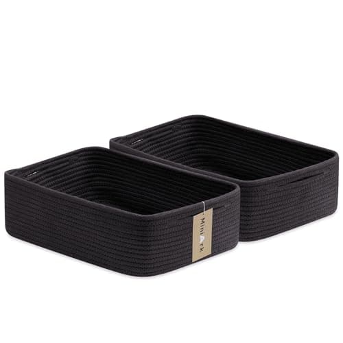 MiniArk Large Shallow Organizing Baskets 15x11x51 Inches Rope Woven Storage Bins for Bathroom Shelves Cube Closet Black 2 Packs